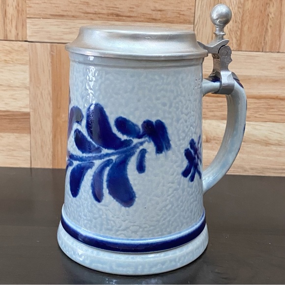 Vintage REIN ZINN 0.5L Blue & White German Stoneware Beer Stein Pewter Mug - Picture 2 of 14